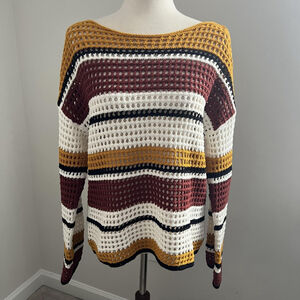 Women Striped Crochet Sweater Cropped Pullover Boho Hippie Indie Granola Cottage